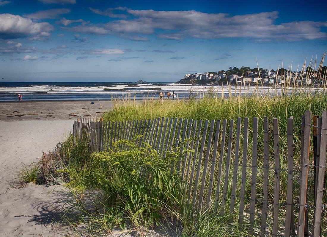 Lynn, MA - View of Green Grass Next to a Fence on the Beach with the Ocean in the Distance Against a Blue Sky in Lynn Massachusetts